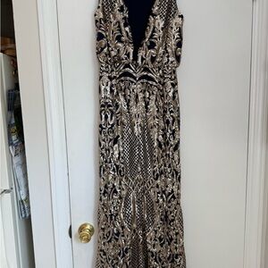 Elegant Navy and Gold Evening Gown